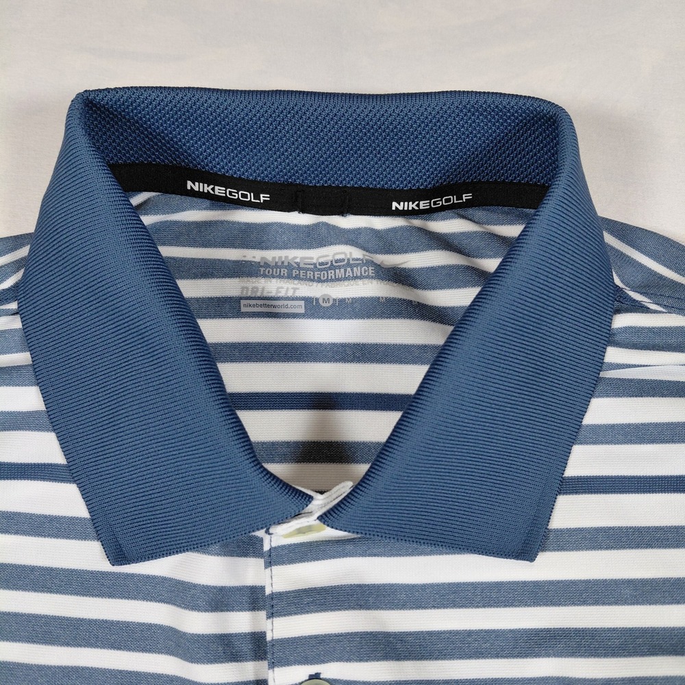 Nike Golf Mens Dri-Fit RSU Tiger Logo Striped Polo Shirt Blue White Size M - Picture 2 of 11